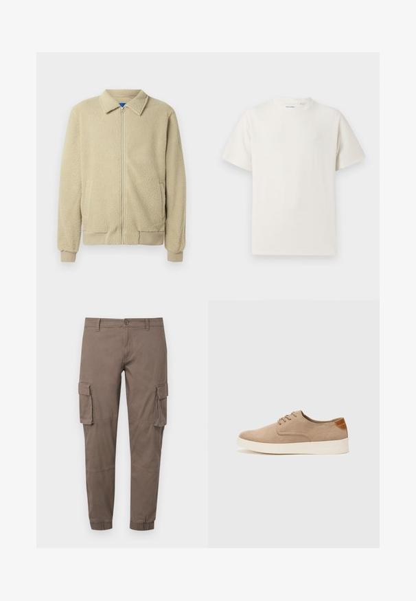 Giacca in pile beige con zip frontale, collo alto, due tasche laterali, polsini e orlo a costine. La texture appare morbida e accogliente.; T-shirt bianca a maniche corte in texture a coste. Girocollo, vestibilità rilassata, senza modelli o accenti visibili. Design semplice e versatile.; Pantaloni cargo in una tonalità marrone tenue, realizzati in tessuto leggero, con numerose tasche laterali, polsini elasticizzati e chiusura classica con bottone.; Sneaker in suede beige con punta arrotondata, stringhe davanti e un accento testurizzato sul retro. La suola in gomma bianca offre un contrasto. Design semplice e moderno.