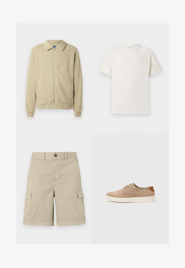 Beige fleece jacket with a zip front, stand collar, two side pockets, ribbed cuffs, and hem. The texture appears soft and cozy.; White short-sleeve T-shirt in a ribbed texture. Round neckline, relaxed fit, no visible patterns or accents. Simple and versatile design.; Beige cargo shorts made of cotton, featuring side pockets, a button closure, and a straight-cut design with a casual finish.; Beige suede sneakers with a rounded toe, lace-up front, and a textured back accent. White rubber sole provides contrast. Simple and modern design.