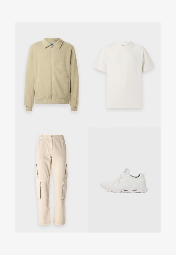 Béžová fleecová bunda se zipem vpředu, stojáčkovým límcem, dvěma bočními kapsami, žebrovanými lemy na rukávech a spodním okraji. Textura působí měkce a příjemně.; Bílý krátký rukáv tričko s pružnou strukturou. Kulatý výstřih, volný střih, bez viditelných vzorů nebo detailů. Jednoduchý a univerzální design.; Beige cargo kalhoty vyrobené z bavlny. Obsahují boční kapsy, rovný střih nohavic a zapínání na knoflík v pase. Jednoduché švy.; Bílé sportovní boty s texturovaným pleteným svrškem, plochými tkaničkami a polstrovanou podešví s viditelnými vzduchovými komorami pro zvýšenou podporu.