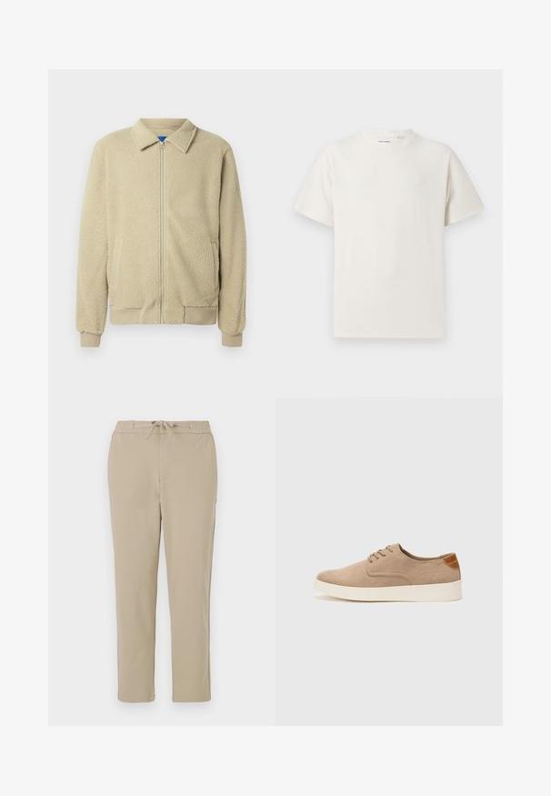 Veste en polaire beige avec fermeture éclair frontale, col montant, deux poches latérales, poignets et ourlet côtelés. La texture semble douce et confortable.; T-shirt blanc à manches courtes en texture côtelée. Encolure ronde, coupe décontractée, sans motifs ni accents visibles. Design simple et polyvalent.; Pantalons lounge beiges avec une taille élastique et un cordon de serrage, présentant une coupe droite et une texture douce et lisse.; Baskets en daim beige avec un embout arrondi, un laçage sur le devant et un accent texturé à l'arrière. La semelle en caoutchouc blanche offre un contraste. Design simple et moderne.