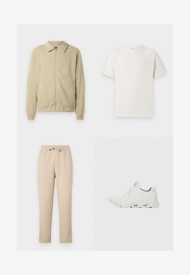 Beige fleece jacket with a zip front, stand collar, two side pockets, ribbed cuffs, and hem. The texture appears soft and cozy.; White short-sleeve T-shirt in a ribbed texture. Round neckline, relaxed fit, no visible patterns or accents. Simple and versatile design.; Beige sweatpants with elastic waistband, adjustable drawstring, two side pockets, and tapered leg design. Soft texture, casual style.; White athletic shoes featuring a textured knit upper, flat laces, and a cushioned sole with visible air chambers for added support.