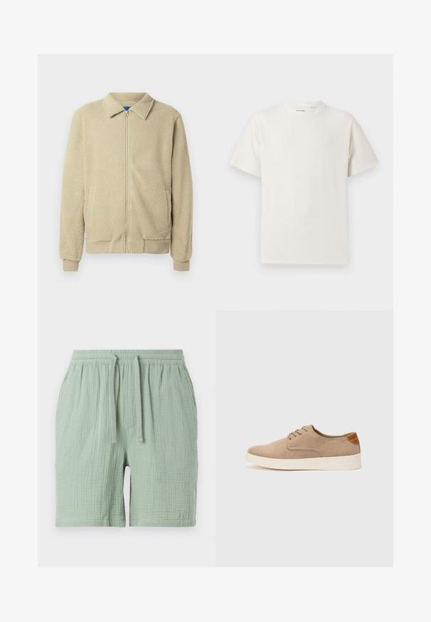 Beige fleece jacket with a zip front, stand collar, two side pockets, ribbed cuffs, and hem. The texture appears soft and cozy.; White short-sleeve T-shirt in a ribbed texture. Round neckline, relaxed fit, no visible patterns or accents. Simple and versatile design.; Light green cotton shorts with an elastic waistband and drawstring. Textured, slightly crinkled fabric, featuring a side pocket.; Beige suede sneakers with a rounded toe, lace-up front, and a textured back accent. White rubber sole provides contrast. Simple and modern design.