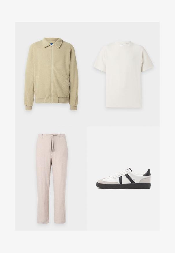 Beige fleecejakke med glidelås foran, ståkrage, to sidelommer, ribbekanter på ermer og nederst. Teksturen virker myk og koselig.; Hvit T-skjorte med kort erm i ribbestrikket tekstur. Rund hals, avslappet passform, ingen synlige mønstre eller detaljer. Enkelt og allsidig design.; Lys beige linbukser med en avslappet passform, rette ben og strikk i livet. Teksturert stoff med subtile vertikale striper.; Hvite sneakers med svarte og grå detaljer, med en teksturert grå tåhette, svart gummisåle, og flate hvite lisser. Rent design, minimalistisk stil.