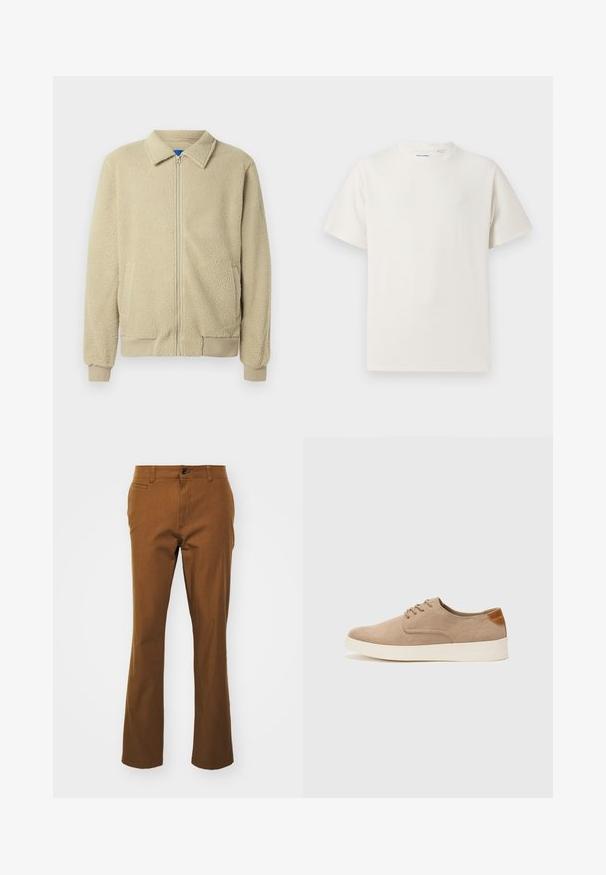 Beige fleece jacket with a zip front, stand collar, two side pockets, ribbed cuffs, and hem. The texture appears soft and cozy.; White short-sleeve T-shirt in a ribbed texture. Round neckline, relaxed fit, no visible patterns or accents. Simple and versatile design.; Brown straight-fit pants made of cotton blend material, featuring a zip fly, button closure, and front pockets. Smooth texture, casual design.; Beige suede sneakers with a rounded toe, lace-up front, and a textured back accent. White rubber sole provides contrast. Simple and modern design.