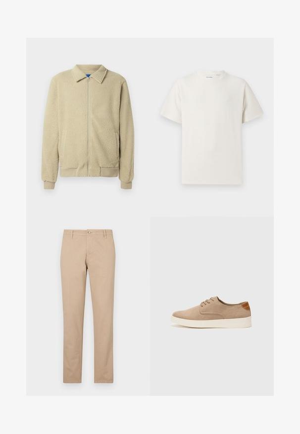 Beige fleece jacket with a zip front, stand collar, two side pockets, ribbed cuffs, and hem. The texture appears soft and cozy.; White short-sleeve T-shirt in a ribbed texture. Round neckline, relaxed fit, no visible patterns or accents. Simple and versatile design.; Beige pants made of cotton with a straight-leg cut, featuring a front button closure, side pockets, and subtle texture details.; Beige suede sneakers with a rounded toe, lace-up front, and a textured back accent. White rubber sole provides contrast. Simple and modern design.