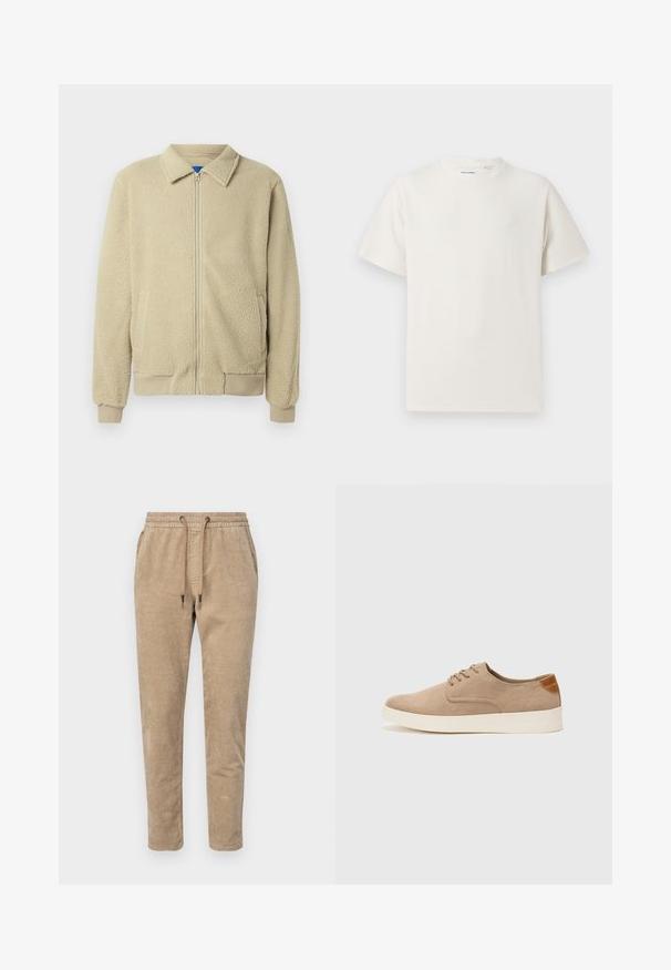 Beige fleecejack met een ritssluiting aan de voorkant, opstaande kraag, twee zijzakken, geribbelde manchetten en zoom. De textuur oogt zacht en gezellig.; Witte korte mouwen T-shirt met ribbelstructuur. Ronde hals, ontspannen pasvorm, geen zichtbare patronen of accenten. Eenvoudig en veelzijdig ontwerp.; Korduroy joggerbroeken in lichtbeige, met een elastische tailleband met trekkoord, taps toelopende pijpen en een geribbelde textuur.; Beige suède sneakers met een ronde neus, vetersluiting aan de voorkant en een getextureerde achteraccent. De witte rubberen zool zorgt voor contrast. Eenvoudig en modern ontwerp.