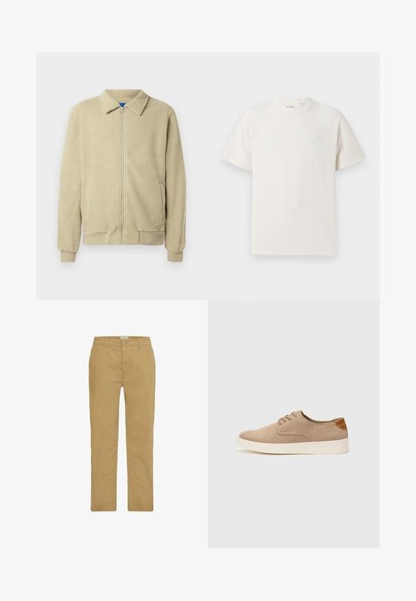 Beige fleecejakku, jossa on vetoketju edessä, pystykaulus, kaksi sivutaskua, resorit hihansuissa ja helmassa. Materiaali näyttää pehmeältä ja mukavalta.; Valkoinen lyhythihainen T-paita ribbikuviossa. Pyöreä kaula-aukko, rento istuvuus, ei näkyviä kuvioita tai yksityiskohtia. Yksinkertainen ja monikäyttöinen muotoilu.; Khaki chinos valmistettu puuvillasta, joissa on suora lahjemuotoilu, nappisuljenta ja klassinen neljän taskun tyyli. Luja tekstuuri ja minimaalinen ommel.; Beige nubuck-lenkkarit, joissa on pyöreä kärki, nauhakiinnitys ja teksturoitu takaosa. Valkoinen kumipohja tuo kontrastia. Yksinkertainen ja moderni muotoilu.