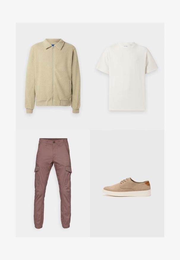 Beige fleece jacket with a zip front, stand collar, two side pockets, ribbed cuffs, and hem. The texture appears soft and cozy.; White short-sleeve T-shirt in a ribbed texture. Round neckline, relaxed fit, no visible patterns or accents. Simple and versatile design.; Cargo pants in soft burgundy fabric with elastic cuffs, multiple side pockets, and flat front design, suitable for casual wear or outdoor activities.; Beige suede sneakers with a rounded toe, lace-up front, and a textured back accent. White rubber sole provides contrast. Simple and modern design.