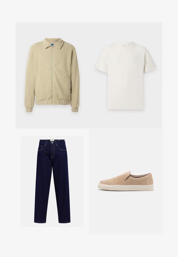 Beige fleece jacket with a zip front, stand collar, two side pockets, ribbed cuffs, and hem. The texture appears soft and cozy.; White short-sleeve T-shirt in a ribbed texture. Round neckline, relaxed fit, no visible patterns or accents. Simple and versatile design.; Dark blue straight-leg jeans with front pockets, button closure, and visible white stitching on a plain background.; Beige slip-on shoe made of suede, featuring a rounded toe, elastic side, and a white rubber sole with textured accents.