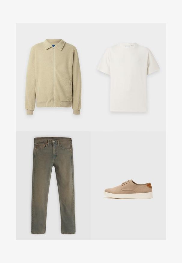 Jachetă bej din fleece cu fermoar în față, guler tip tunică, două buzunare laterale, manșete și tiv striate. Textura pare moale și confortabilă.; Tricou alb cu maneci scurte, dintr-un material ribbed. Guler rotund, croi lejer, fără modele sau accente vizibile. Design simplu și versatil.; Jeans din denim verde închis cu un design cu picior drept, cinci buzunare și accente din cupru. Textura decolorată adaugă un aspect uzat.; Tenisi din suede bej cu vârf rotund, sistem de șireturi în față și un accent texturat în spate. Talpa albă din cauciuc oferă un contrast. Design simplu și modern.