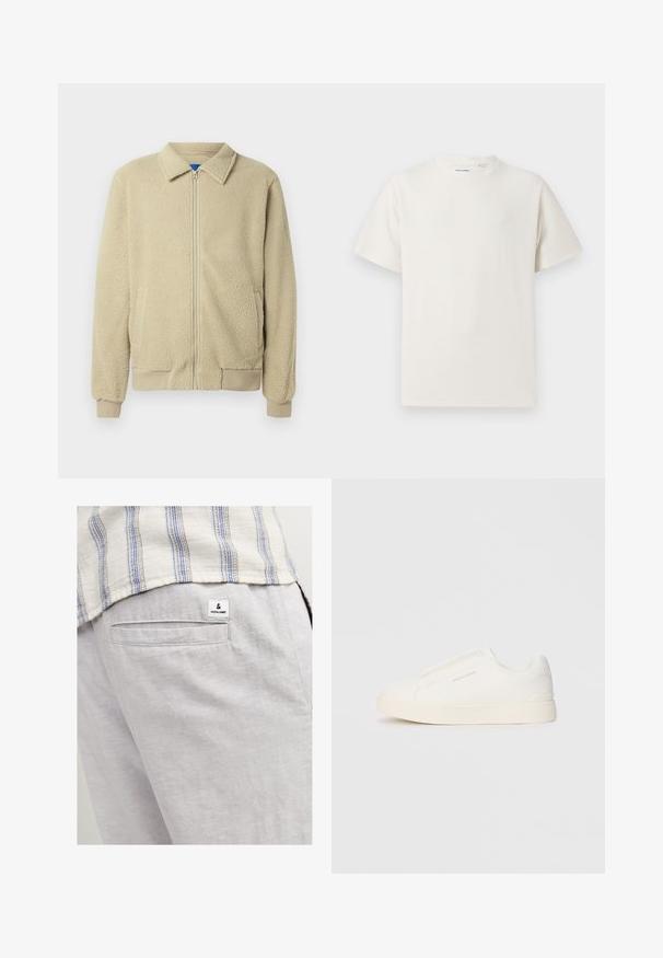 Bež flis jakna z zadrgo spredaj, stoječim ovratnikom, dvema stranskima žepoma, rebrastimi manšetami in robom. Tekstura je videti mehka in udobna.; Bela majica s kratkimi rokavi iz rebraste tkanine. Okrogli izrez, sproščen kroj, brez vidnih vzorcev ali naglasov. Preprosta in vsestranska zasnova.; Svetlo sivi laneni hlače z zadnjim žepom in majhnim blagovnim oznako. Tkanina ima mehak, teksturiran videz.; Bele zapete brez vezalk z teksturirano površino, debelim podplatom in minimalističnim dizajnom. Na strani se nahaja logotip blagovne znamke.