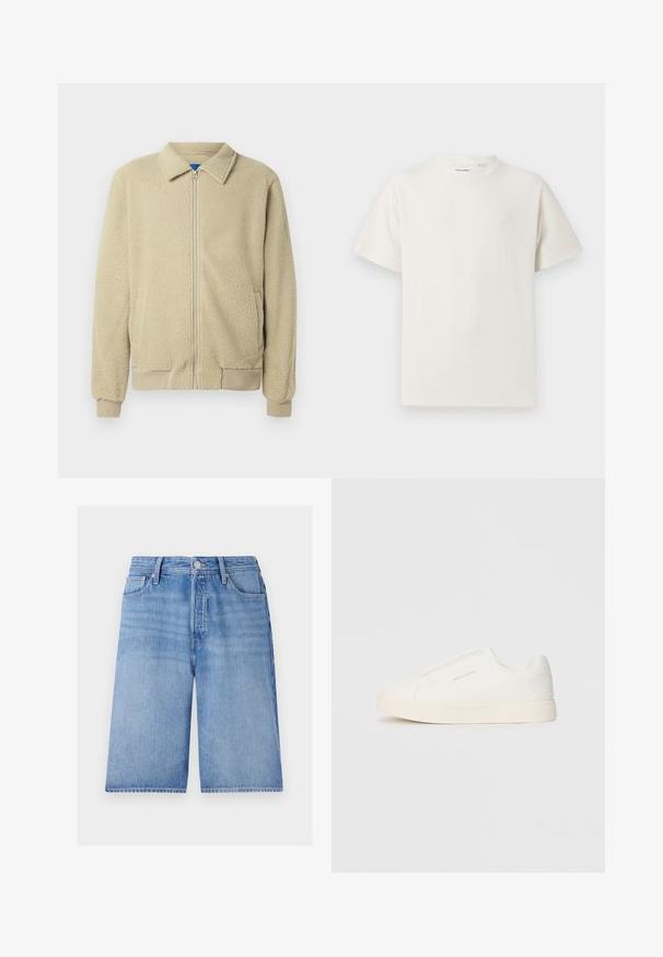 Béžová flísová bunda so zipsom vpredu, stojačikom, dvoma bočnými vreckami, rebrovanými manžetami a lemom. Textúra je mäkká a príjemná na dotyk.; Biela krátka tričko s krátkym rukávom so žebrovanou textúrou. Okrúhly výstrih, uvoľnený strih, žiadne viditeľné vzory ani akcenty. Jednoduchý a všestranný dizajn.; Svetlo modré denimové šortky s voľným strihom, so zipsom, gombíkovým zapínaním, piatimi vreckami a jemne vyblednutou textúrou.; Biele slip-on tenisky s textúrovaným povrchom, hrubou podrážkou a minimalistickým dizajnom. Obsahuje logo značky na boku.