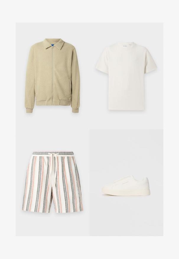 Béžová fleecová bunda se zipem vpředu, stojáčkovým límcem, dvěma bočními kapsami, žebrovanými lemy na rukávech a spodním okraji. Textura působí měkce a příjemně.; Bílý krátký rukáv tričko s pružnou strukturou. Kulatý výstřih, volný střih, bez viditelných vzorů nebo detailů. Jednoduchý a univerzální design.; Pruhované kraťasy vyrobené z lehkého materiálu, s vertikálními pruhy v bílé, růžové, šedé a černé barvě, s elastickým pasem a šnůrkou na stažení.; Bílé slip-on tenisky s texturovaným povrchem, silnou podešví a minimalistickým designem. Na boku je umístěno logo značky.