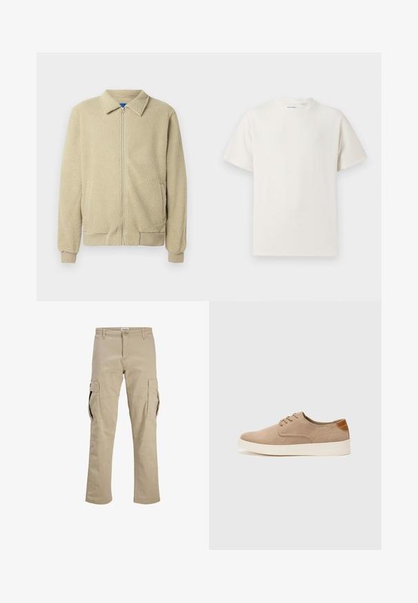 Beige fleece jacket with a zip front, stand collar, two side pockets, ribbed cuffs, and hem. The texture appears soft and cozy.; White short-sleeve T-shirt in a ribbed texture. Round neckline, relaxed fit, no visible patterns or accents. Simple and versatile design.; Beige cargo pants made of cotton, featuring multiple side pockets, a zip fly, and a straight leg design. Smooth texture with reinforced stitching.; Beige suede sneakers with a rounded toe, lace-up front, and a textured back accent. White rubber sole provides contrast. Simple and modern design.