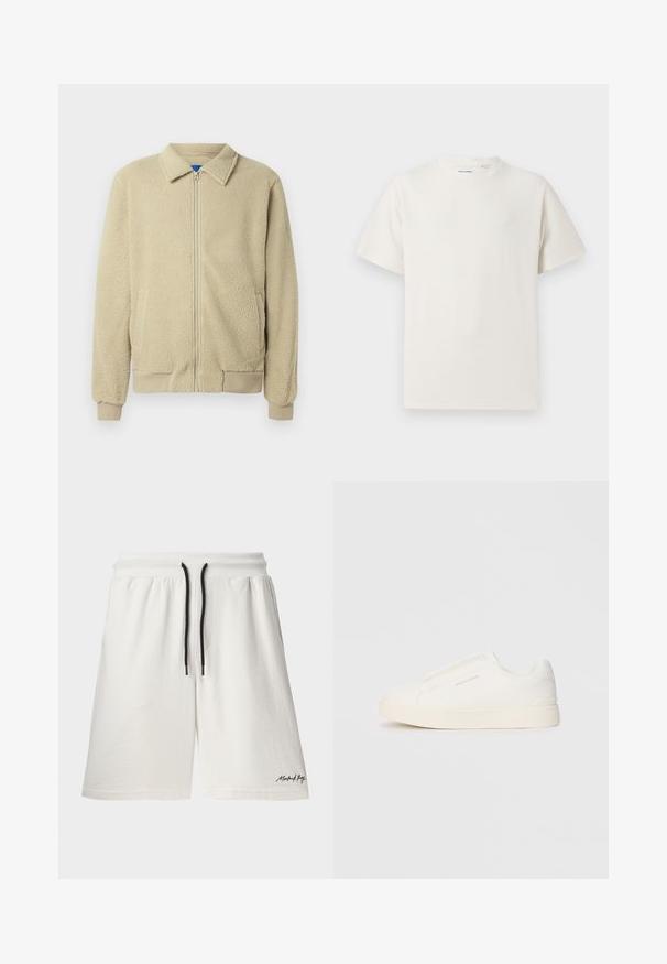 Chaqueta de forro polar beige con cremallera frontal, cuello alto, dos bolsillos laterales, puños y dobladillo acanalados. La textura parece suave y acogedora.; Camiseta blanca de manga corta en textura acanalada. Cuello redondo, corte relajado, sin patrones ni acentos visibles. Diseño simple y versátil.; Shorts de algodón blancos con cintura ajustable y detalles en negro. Presentan bolsillos laterales y un pequeño logo en el dobladillo. Textura suave.; Zapatillas blancas tipo slip-on con una superficie texturizada, suela gruesa y diseño minimalista. Presenta el logo de la marca en un lado.