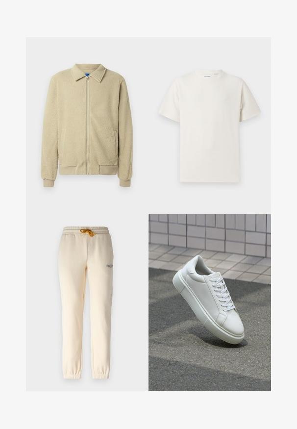 Beige fleece jacket with a zip front, stand collar, two side pockets, ribbed cuffs, and hem. The texture appears soft and cozy.; White short-sleeve T-shirt in a ribbed texture. Round neckline, relaxed fit, no visible patterns or accents. Simple and versatile design.; Only & Sons ONSRILEY PANTS - Tracksuit bottoms - antique white; White leather sneaker with a smooth surface, round toe, and flat white laces. Features a textured rubber sole and minimal design elements.