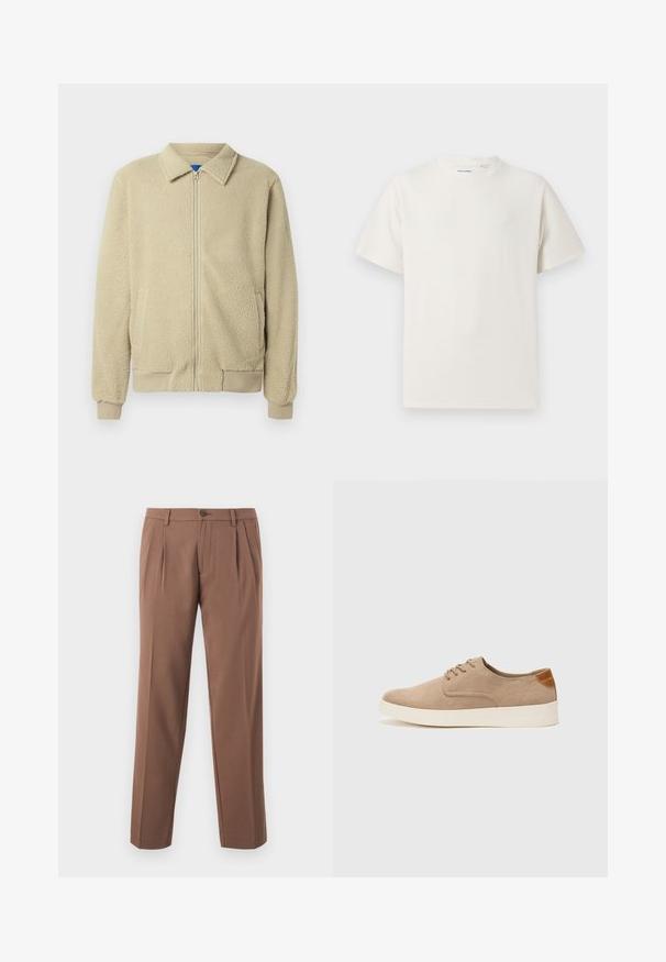Giacca in pile beige con zip frontale, collo alto, due tasche laterali, polsini e orlo a costine. La texture appare morbida e accogliente.; T-shirt bianca a maniche corte in texture a coste. Girocollo, vestibilità rilassata, senza modelli o accenti visibili. Design semplice e versatile.; Pantaloni marroni a pieghe con design a gamba dritta, dotati di chiusura con un solo bottone e tessuto liscio e testurizzato.; Sneaker in suede beige con punta arrotondata, stringhe davanti e un accento testurizzato sul retro. La suola in gomma bianca offre un contrasto. Design semplice e moderno.