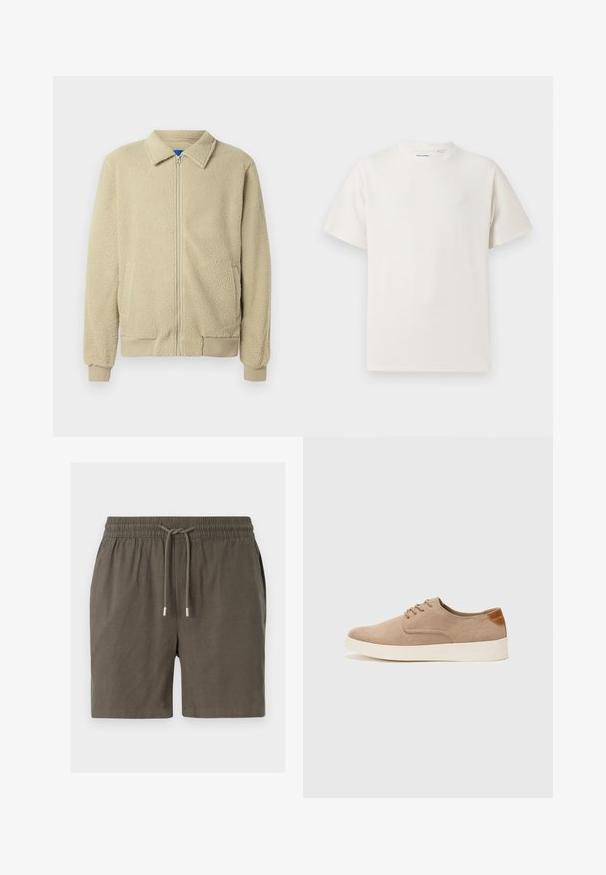 Beige fleece jacket with a zip front, stand collar, two side pockets, ribbed cuffs, and hem. The texture appears soft and cozy.; White short-sleeve T-shirt in a ribbed texture. Round neckline, relaxed fit, no visible patterns or accents. Simple and versatile design.; Dark green shorts with an elastic waistband, drawstring closure, and a smooth, lightweight texture. No visible pockets or patterns.; Beige suede sneakers with a rounded toe, lace-up front, and a textured back accent. White rubber sole provides contrast. Simple and modern design.