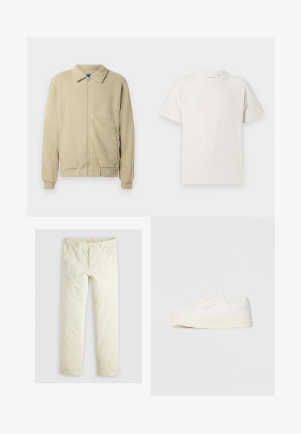 Beige polárdzseki cipzárral az elején, álló gallérral, két oldalzsebbel, bordázott mandzsettával és szegéllyel. Az anyag puha és kényelmes tapintású.; Fehér, rövid ujjú póló bordázott textúrával. Kerek nyakkivágás, laza szabás, nincs látható minta vagy díszítés. Egyszerű és sokoldalú dizájn.; Világos bézs, laza szabású nadrág három zsebbel, övpántokkal és egyenes szárú kialakítással. Puha pamut keverék anyagból készült.; Fehér slip-on sportcipők texturált felülettel, vastag talppal és minimalista dizájnnal. Az oldalon a márka logója található.