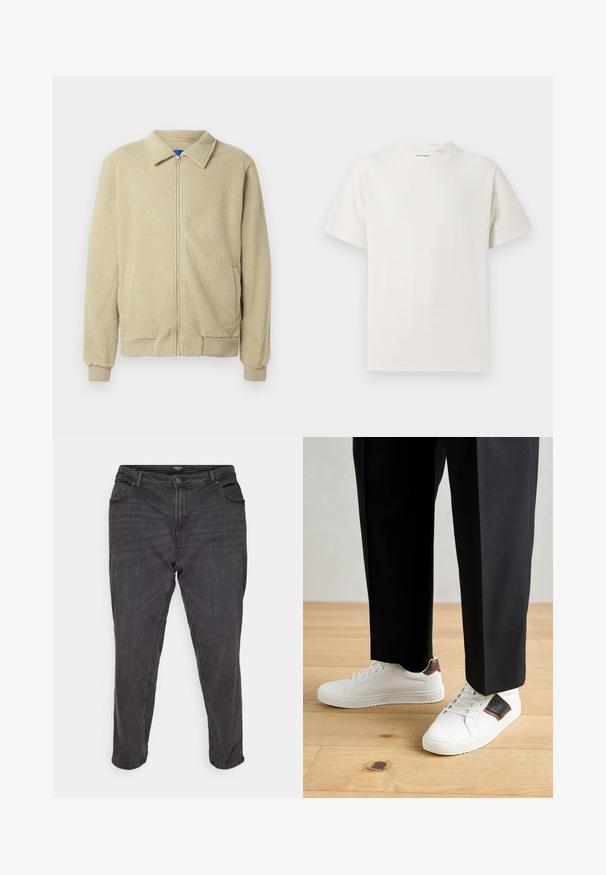 Beige fleecejakku, jossa on vetoketju edessä, pystykaulus, kaksi sivutaskua, resorit hihansuissa ja helmassa. Materiaali näyttää pehmeältä ja mukavalta.; Valkoinen lyhythihainen T-paita ribbikuviossa. Pyöreä kaula-aukko, rento istuvuus, ei näkyviä kuvioita tai yksityiskohtia. Yksinkertainen ja monikäyttöinen muotoilu.; Mustat farkut suorat lahkeet, joissa on nappisuljenta, sivutaskut ja hieno haalistuminen, tarjoten klassisen ilmeen.; Valkoiset tennarit, joissa on sileä pinta, ruskealla nahka-akentilla ja mustilla yksityiskohdilla, yhdistetty mustiin räätälöityihin housuihin. Taustalla puulattia.