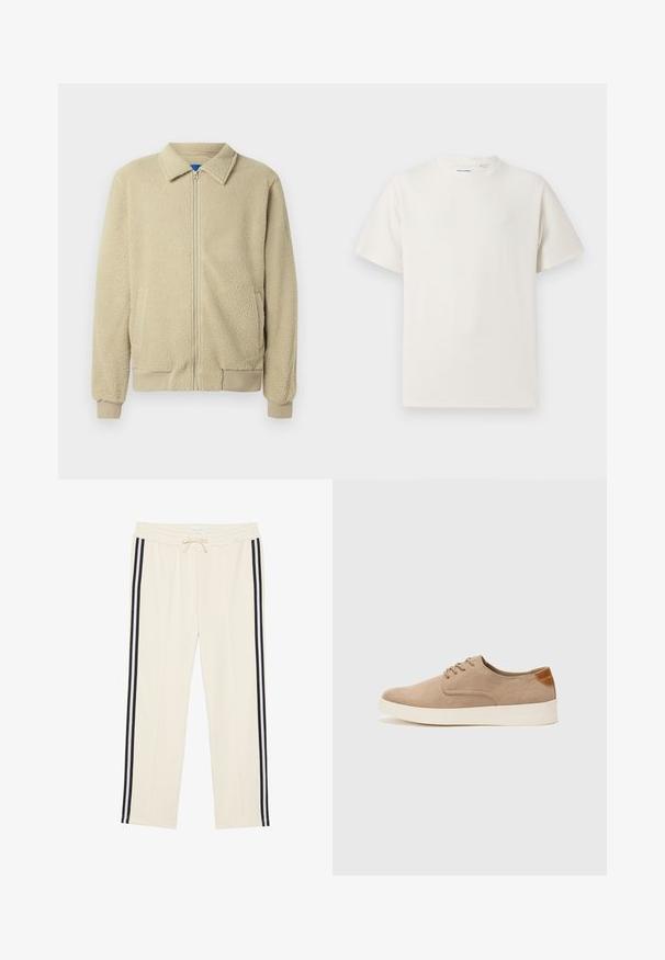 Beige fleece jacket with a zip front, stand collar, two side pockets, ribbed cuffs, and hem. The texture appears soft and cozy.; White short-sleeve T-shirt in a ribbed texture. Round neckline, relaxed fit, no visible patterns or accents. Simple and versatile design.; Cream jogger pants with elastic waistband and adjustable drawstring. Features two black side stripes running down each leg. Soft fabric texture.; Beige suede sneakers with a rounded toe, lace-up front, and a textured back accent. White rubber sole provides contrast. Simple and modern design.
