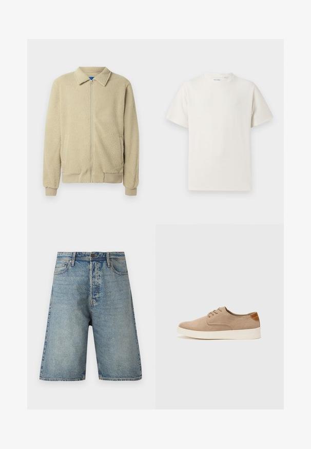 Beige fleece jacket with a zip front, stand collar, two side pockets, ribbed cuffs, and hem. The texture appears soft and cozy.; White short-sleeve T-shirt in a ribbed texture. Round neckline, relaxed fit, no visible patterns or accents. Simple and versatile design.; Denim shorts featuring a light blue wash, five-pocket design, and straight cut. Durable fabric with visible stitching and a button closure.; Beige suede sneakers with a rounded toe, lace-up front, and a textured back accent. White rubber sole provides contrast. Simple and modern design.