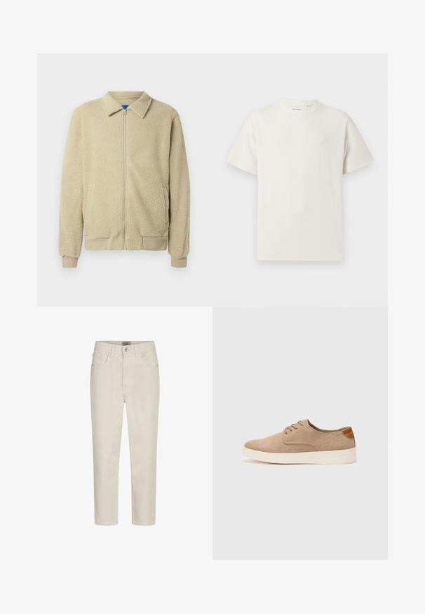 Giacca in pile beige con zip frontale, collo alto, due tasche laterali, polsini e orlo a costine. La texture appare morbida e accogliente.; T-shirt bianca a maniche corte in texture a coste. Girocollo, vestibilità rilassata, senza modelli o accenti visibili. Design semplice e versatile.; Jeans beige a gamba dritta con bottone frontale, passanti per cintura e design a cinque tasche, esposti su uno sfondo bianco.; Sneaker in suede beige con punta arrotondata, stringhe davanti e un accento testurizzato sul retro. La suola in gomma bianca offre un contrasto. Design semplice e moderno.