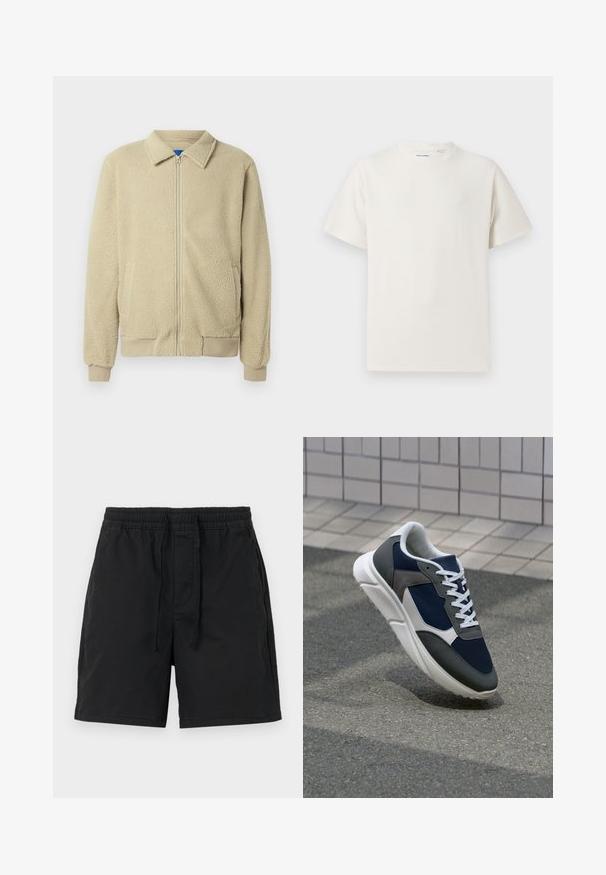 Beige fleecejack met een ritssluiting aan de voorkant, opstaande kraag, twee zijzakken, geribbelde manchetten en zoom. De textuur oogt zacht en gezellig.; Witte korte mouwen T-shirt met ribbelstructuur. Ronde hals, ontspannen pasvorm, geen zichtbare patronen of accenten. Eenvoudig en veelzijdig ontwerp.; Zwarte shorts met een elastische tailleband en trekkoord. Gemaakt van lichtgewicht stof met zijzakken en een eenvoudig, klassiek ontwerp.; Sneaker met een marineblauwe mesh bovenwerk, grijze suède accenten, witte rubberen zool en platte witte veters, ontworpen voor comfort en ademend vermogen.