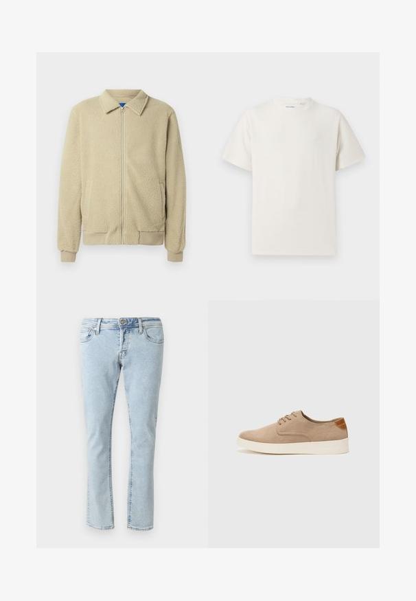 Beežika värvi fliisjope, esikinnitus lukuga, püstkrae, kaks küljetaskut, soonikuga varrukaotsad ja servad. Tekstuur tundub pehme ja hubane.; Valge lühikeste varrukatega T-särk ribakudumises. Ümar kaelus, mugav lõige, nähtavad mustrid ega aksessuaarid puuduvad. Lihtne ja mitmekesine disain.; Heledad sinine teksapüksid klassikalise sirge lõikega, viie tasku ja vöökohaga. Omab minimaalset õmblust ja nuppliistu.; Beežid nahast tossud ümarate varvastega, paeltega esiosa ja tekstuuriga tagakontuuriga. Valge kummist tallapakkumine loob kontrasti. Lihtne ja kaasaegne disain.