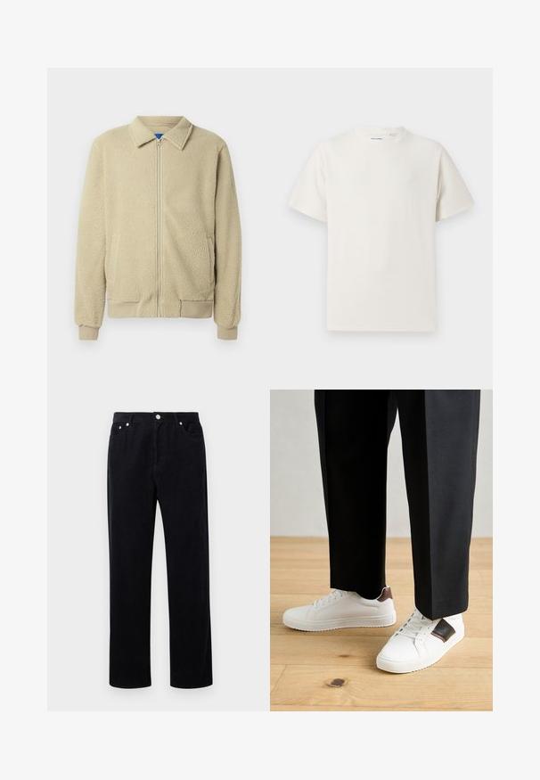 Beige polárdzseki cipzárral az elején, álló gallérral, két oldalzsebbel, bordázott mandzsettával és szegéllyel. Az anyag puha és kényelmes tapintású.; Fehér, rövid ujjú póló bordázott textúrával. Kerek nyakkivágás, laza szabás, nincs látható minta vagy díszítés. Egyszerű és sokoldalú dizájn.; Fekete kordbársony nadrág, egyenes szárú dizájnnal, gombbal és cipzárral záródik, öt zsebe van, és puha, texturált anyagból készült.; Fehér sneaker, sima textúrával, barna bőr díszítéssel és fekete részletekkel, fekete szabott nadrággal párosítva. Fából készült padló háttér.