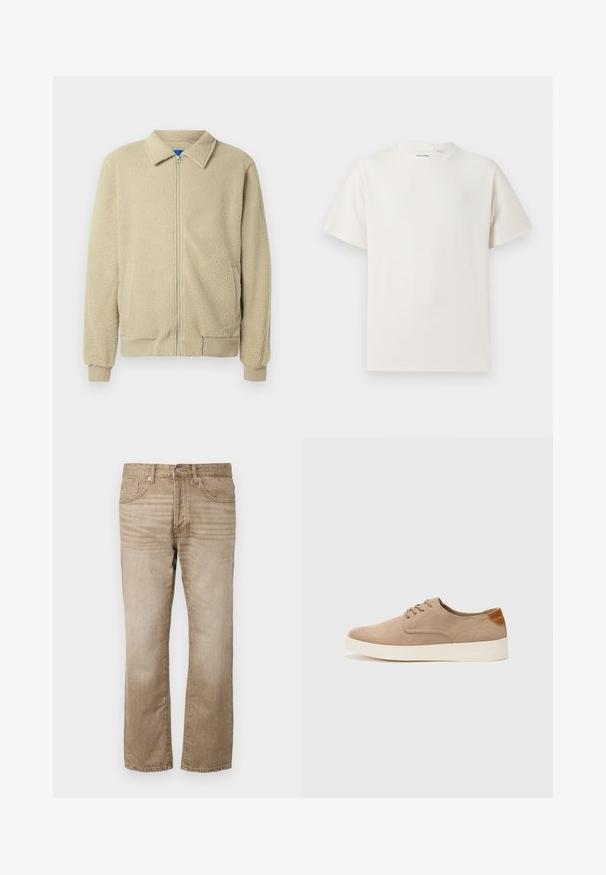 Beige fleecejakke med glidelås foran, ståkrage, to sidelommer, ribbekanter på ermer og nederst. Teksturen virker myk og koselig.; Hvit T-skjorte med kort erm i ribbestrikket tekstur. Rund hals, avslappet passform, ingen synlige mønstre eller detaljer. Enkelt og allsidig design.; Beige denimjeans med rett ben design, med fem lommer, knappelukking og subtil falming langs stoffet.; Beige semskinnsko med rund tå, snøring foran og en teksturert bakre aksent. Hvit gummisåle gir kontrast. Enkelt og moderne design.