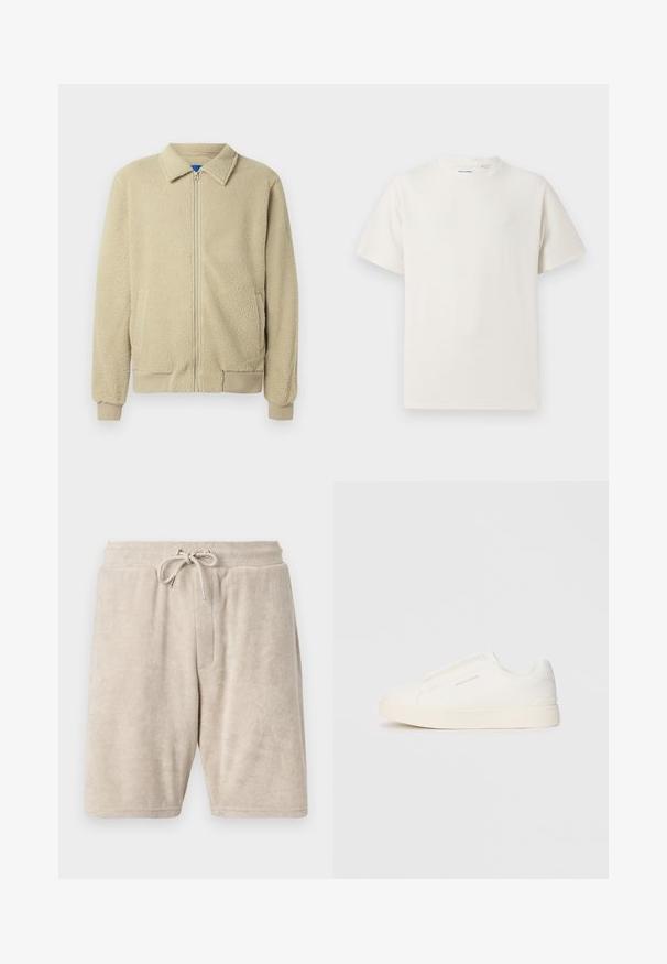 Veste en polaire beige avec fermeture éclair frontale, col montant, deux poches latérales, poignets et ourlet côtelés. La texture semble douce et confortable.; T-shirt blanc à manches courtes en texture côtelée. Encolure ronde, coupe décontractée, sans motifs ni accents visibles. Design simple et polyvalent.; Shorts en éponge beige avec une taille élastique et un cordon de serrage réglable. Dispose d'une poche avant unique et d'une coupe longueur genoux.; Baskets blanches sans lacets avec une surface texturée, une semelle épaisse et un design minimaliste. Présente le logo de la marque sur le côté.