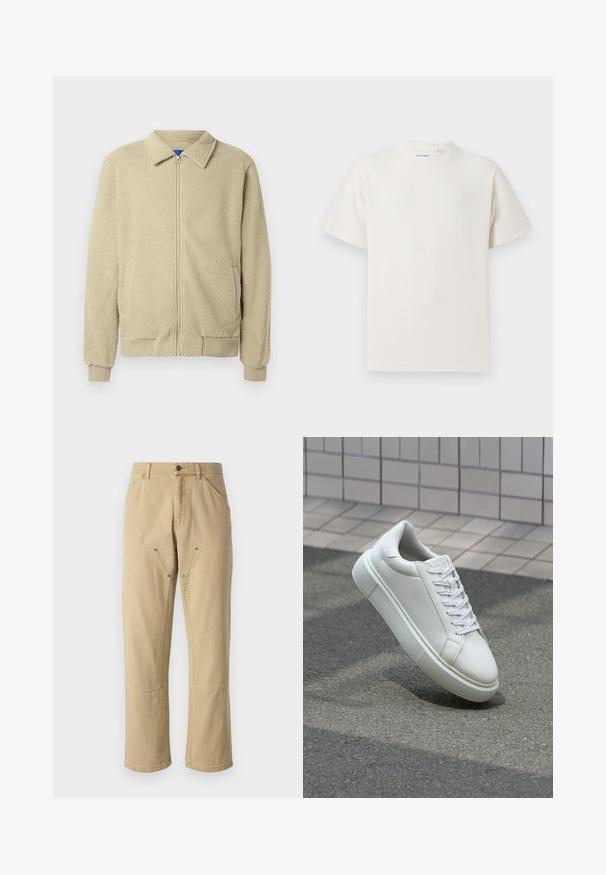 Beige fleecejakke med glidelås foran, ståkrage, to sidelommer, ribbekanter på ermer og nederst. Teksturen virker myk og koselig.; Hvit T-skjorte med kort erm i ribbestrikket tekstur. Rund hals, avslappet passform, ingen synlige mønstre eller detaljer. Enkelt og allsidig design.; Kaki cargo bukser laget av bomull med avslappet passform, med to sidelommer med glidelås og synlige stikninger.; Hvit lær sneaker med glatt overflate, rund tå og flate hvite snøringer. Har en teksturert gummisåle og minimale design elementer.