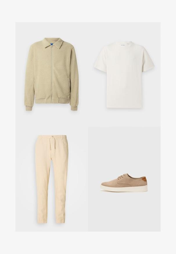 Giacca in pile beige con zip frontale, collo alto, due tasche laterali, polsini e orlo a costine. La texture appare morbida e accogliente.; T-shirt bianca a maniche corte in texture a coste. Girocollo, vestibilità rilassata, senza modelli o accenti visibili. Design semplice e versatile.; Pantaloni in lino beige chiaro con vita regolabile, gambe affusolate e polsini elastici. Design semplice con una texture sottile.; Sneaker in suede beige con punta arrotondata, stringhe davanti e un accento testurizzato sul retro. La suola in gomma bianca offre un contrasto. Design semplice e moderno.