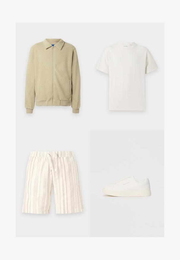 Beige fleece jacket with a zip front, stand collar, two side pockets, ribbed cuffs, and hem. The texture appears soft and cozy.; White short-sleeve T-shirt in a ribbed texture. Round neckline, relaxed fit, no visible patterns or accents. Simple and versatile design.; Light beige shorts with vertical stripes in varying shades. Features an elastic waistband and drawstring for adjustment. Soft, textured fabric.; White slip-on sneakers with a textured surface, a thick sole, and minimalistic design. Features brand logo on the side.