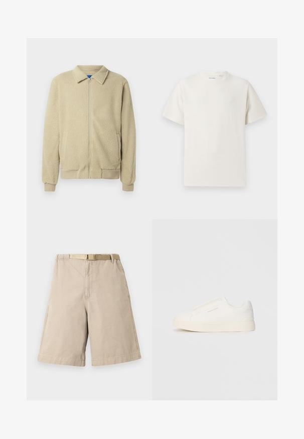 Beige fleece jacket with a zip front, stand collar, two side pockets, ribbed cuffs, and hem. The texture appears soft and cozy.; White short-sleeve T-shirt in a ribbed texture. Round neckline, relaxed fit, no visible patterns or accents. Simple and versatile design.; Beige cotton shorts with a belt, featuring a straight cut, side pockets, and reinforced stitching at the seams. Smooth texture throughout.; White slip-on sneakers with a textured surface, a thick sole, and minimalistic design. Features brand logo on the side.