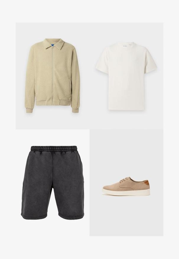 Beige Fleecejacke mit durchgehendem Reißverschluss, Stehkragen, zwei Seitentaschen, gerippten Bündchen und Saum. Die Textur wirkt weich und gemütlich.; Weißes T-Shirt mit kurzen Ärmeln in gerippter Textur. Runder Ausschnitt, lockere Passform, keine sichtbaren Muster oder Akzente. Einfaches und vielseitiges Design.; Schwarze Baumwollshorts mit elastischem Bund, seitlichen Taschen und dekorativen Nähten. Der Stoff hat eine weiche, matte Textur.; Beige Wildleder-Sneaker mit runder Zehenpartie, Schnürung und strukturiertem Rückenteil. Die weiße Gummisohle sorgt für einen Kontrast. Einfaches und modernes Design.