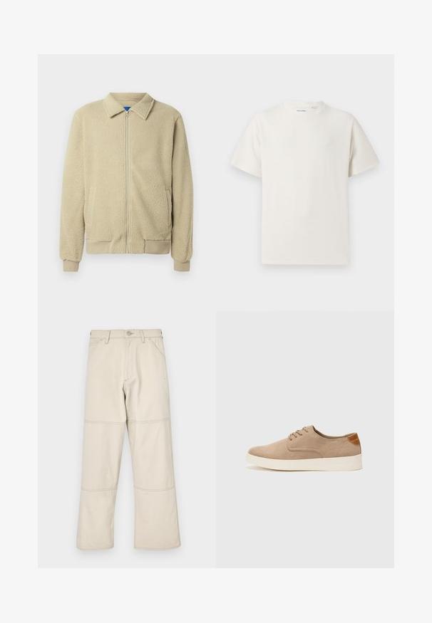 Beige fleece jacket with a zip front, stand collar, two side pockets, ribbed cuffs, and hem. The texture appears soft and cozy.; White short-sleeve T-shirt in a ribbed texture. Round neckline, relaxed fit, no visible patterns or accents. Simple and versatile design.; Beige wide-leg jeans made of cotton with a smooth texture, featuring triple stitching on seams and five pockets including a coin pocket.; Beige suede sneakers with a rounded toe, lace-up front, and a textured back accent. White rubber sole provides contrast. Simple and modern design.