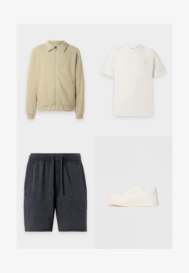 Beige Fleecejacke mit durchgehendem Reißverschluss, Stehkragen, zwei Seitentaschen, gerippten Bündchen und Saum. Die Textur wirkt weich und gemütlich.; Weißes T-Shirt mit kurzen Ärmeln in gerippter Textur. Runder Ausschnitt, lockere Passform, keine sichtbaren Muster oder Akzente. Einfaches und vielseitiges Design.; Dunkelgraue Shorts aus strukturiertem Stoff, mit elastischem Taillenbund und Kordelzug sowie seitlichen Taschen.; Weiße Slip-On-Sneaker mit einer strukturierten Oberfläche, dicker Sohle und minimalistischem Design. Mit Logo der Marke an der Seite.