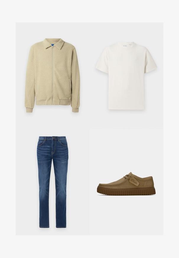 Jachetă bej din fleece cu fermoar în față, guler tip tunică, două buzunare laterale, manșete și tiv striate. Textura pare moale și confortabilă.; Tricou alb cu maneci scurte, dintr-un material ribbed. Guler rotund, croi lejer, fără modele sau accente vizibile. Design simplu și versatil.; Jeans din denim albastru închis cu o croială dreaptă clasică, design cu cinci buzunare și un ușor efect de decolorare pe picioare. Dispune de închidere cu buton și fermoar.; Pantofi din suede maro deschis, cu vârful rotund, detalii cusute și talpă din cauciuc maro nervurată. Prezintă un eticheta laterală cu logo-ul "Clarks".