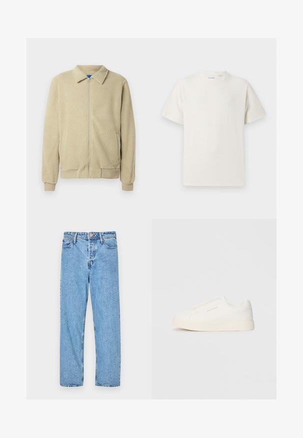 Béžová flísová bunda so zipsom vpredu, stojačikom, dvoma bočnými vreckami, rebrovanými manžetami a lemom. Textúra je mäkká a príjemná na dotyk.; Biela krátka tričko s krátkym rukávom so žebrovanou textúrou. Okrúhly výstrih, uvoľnený strih, žiadne viditeľné vzory ani akcenty. Jednoduchý a všestranný dizajn.; Svetlomodré džíny z denimového materiálu s rovnou nohavicou, päť vrecúškovým štýlom, viditeľným šitím a s uzatváraním na gombík a zips.; Biele slip-on tenisky s textúrovaným povrchom, hrubou podrážkou a minimalistickým dizajnom. Obsahuje logo značky na boku.