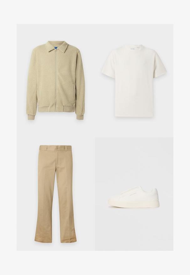 Casaco de pelo bege com fecho de correr frontal, gola alta, dois bolsos laterais, punhos e barra canelados. A textura parece macia e confortável.; T-shirt branco de manga curta em textura canelada. Gola redonda, ajuste descontraído, sem padrões ou detalhes visíveis. Design simples e versátil.; Calças beje à boca de sino, feitas de um tecido misto de algodão, com fecho de botão, passantes para cinto e frente lisa com textura suave.; Sapatilhas brancas de atacar com uma superfície texturizada, sola grossa e design minimalista. Possui o logo da marca na lateral.