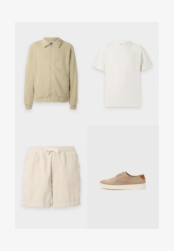 Beige fleecejack met een ritssluiting aan de voorkant, opstaande kraag, twee zijzakken, geribbelde manchetten en zoom. De textuur oogt zacht en gezellig.; Witte korte mouwen T-shirt met ribbelstructuur. Ronde hals, ontspannen pasvorm, geen zichtbare patronen of accenten. Eenvoudig en veelzijdig ontwerp.; Beige corduroy shorts met een elastische tailleband en trekkoord, voorzien van zijzakken en een gestructureerd, geribbeld patroon.; Beige suède sneakers met een ronde neus, vetersluiting aan de voorkant en een getextureerde achteraccent. De witte rubberen zool zorgt voor contrast. Eenvoudig en modern ontwerp.