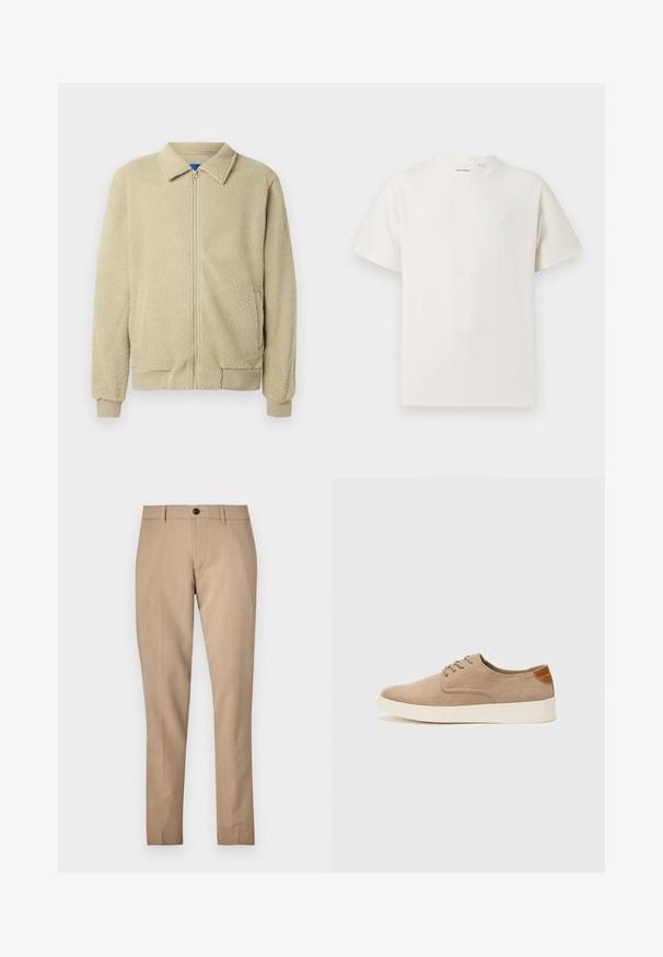 Beige fleecejakku, jossa on vetoketju edessä, pystykaulus, kaksi sivutaskua, resorit hihansuissa ja helmassa. Materiaali näyttää pehmeältä ja mukavalta.; Valkoinen lyhythihainen T-paita ribbikuviossa. Pyöreä kaula-aukko, rento istuvuus, ei näkyviä kuvioita tai yksityiskohtia. Yksinkertainen ja monikäyttöinen muotoilu.; Beige-harmaat housut, jotka on valmistettu sileästä kankaasta. Niissä on nappikiinnitys, vyölenkit ja kapea muotoilu suoran lahkeiden kanssa.; Beige nubuck-lenkkarit, joissa on pyöreä kärki, nauhakiinnitys ja teksturoitu takaosa. Valkoinen kumipohja tuo kontrastia. Yksinkertainen ja moderni muotoilu.