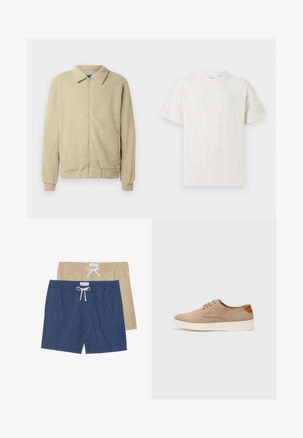 Veste en polaire beige avec fermeture éclair frontale, col montant, deux poches latérales, poignets et ourlet côtelés. La texture semble douce et confortable.; T-shirt blanc à manches courtes en texture côtelée. Encolure ronde, coupe décontractée, sans motifs ni accents visibles. Design simple et polyvalent.; Deux paires de maillots de bain : une bleue marine et une beige, dotées de ceintures élastiques, de détails avec cordon de serrage et de poches latérales.; Baskets en daim beige avec un embout arrondi, un laçage sur le devant et un accent texturé à l'arrière. La semelle en caoutchouc blanche offre un contraste. Design simple et moderne.
