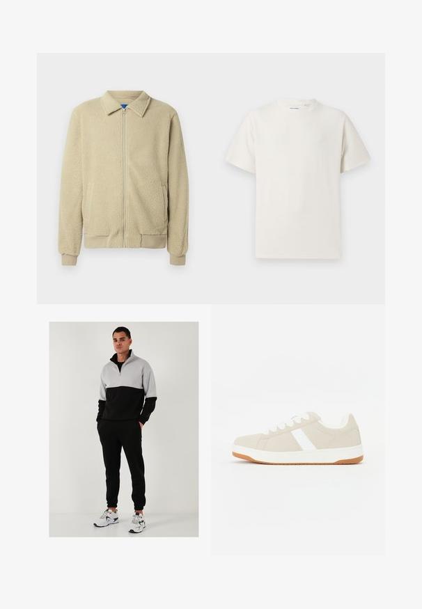 Jachetă bej din fleece cu fermoar în față, guler tip tunică, două buzunare laterale, manșete și tiv striate. Textura pare moale și confortabilă.; Tricou alb cu maneci scurte, dintr-un material ribbed. Guler rotund, croi lejer, fără modele sau accente vizibile. Design simplu și versatil.; Hanorac negru și gri cu fermoar, cu guler înalt, asortat cu pantaloni jogger negri și adidași albi. Textură netedă, croială lejeră.; Tenisi bej cu accente albe, textură din suede, formă rotunjită, design cu șireturi și o talpă din cauciuc gumos în contrast.