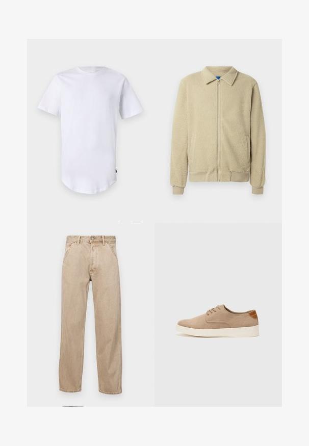 Giacca in pile beige con zip frontale, collo alto, due tasche laterali, polsini e orlo a costine. La texture appare morbida e accogliente.; T-shirt bianca a maniche corte in cotone. Design con collo a girocollo e orlo curvo. Etichetta visibile sul lato sinistro inferiore. Texture liscia.; Jeans in denim beige con un design a gamba dritta, dotati di tasche frontali, chiusura con bottone metallico e una texture delicata.; Sneaker in suede beige con punta arrotondata, stringhe davanti e un accento testurizzato sul retro. La suola in gomma bianca offre un contrasto. Design semplice e moderno.