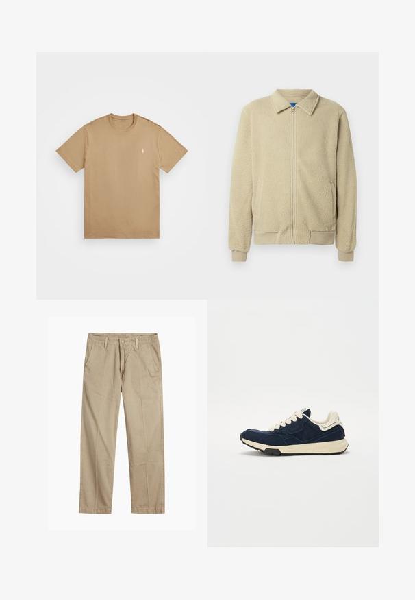 Beige fleecejacka med dragkedja framtill, ståkrage, två sidofickor, ribbade muddar och fåll. Texturen ser mjuk och mysig ut.; Khaki bomulls-T-shirt med rund hals, korta ärmar, med en liten broderad logotyp på vänster bröst. Slät textur, grundläggande design.; Beige rak ben chinos med bälteshällor, framknapp och dragkedja, samt snedställda framfickor.; Mörkblå sneaker med en texturerad mockaovandel, krämfärgade snören och en beige mellansula. Har en klassisk atletisk design och gummisula.