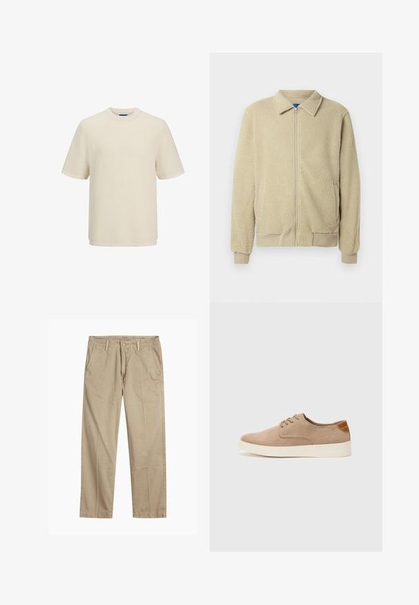 Chaqueta de forro polar beige con cremallera frontal, cuello alto, dos bolsillos laterales, puños y dobladillo acanalados. La textura parece suave y acogedora.; Camiseta de manga corta color crema en un patrón de punto texturizado. Presenta un cuello redondo y un dobladillo recto.; Chinos beige de pierna recta con trabillas para cinturón, cierre de botón y cremallera en la parte delantera, y bolsillos delanteros inclinados.; Zapatillas de ante beige con puntera redondeada, cordones en la parte delantera y un acento texturizado en la parte trasera. La suela de goma blanca proporciona contraste. Diseño sencillo y moderno.