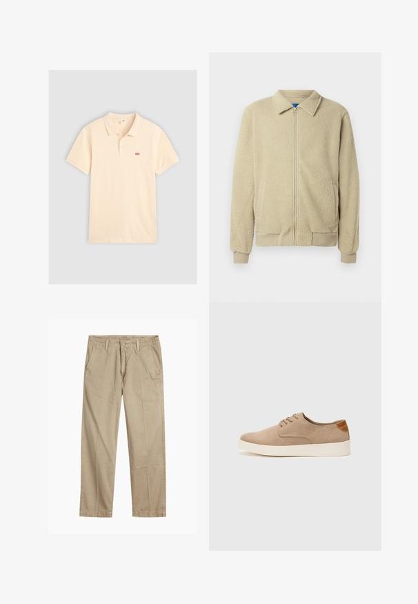 Smėlio spalvos flisinė striukė su priekiu užtrauktuku, stovinčiu apykakle, dviem šoninėmis kišenėmis, ribinėmis rankogaliais ir apatine briauna. Tekstūra atrodo minkšta ir jauki.; Polo marškiniai šviesiai kreminėje spalvoje, pagaminti iš minkštos medvilnės, turi klasikinį apykaklę, trumpas rankoves ir mažą raudoną Levi's logotipą kairėje krūtinės pusėje.; Bežiniai tiesaus kirpimo chinos kelnės su diržo kilputėmis, priekyje esančia mygtuko ir užtrauktuko uždarymo sistema, bei šoninėmis kišenėmis.; Bežiniai zomšiniai sportbačiai su apvaliomis pirštų dalimis, raišteliais priekyje ir tekstūruotu užkulniu. Balta guma suteikia kontrastą. Paprastas ir modernus dizainas.